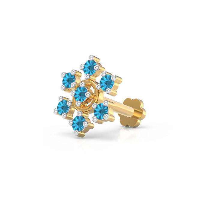 925 sterling silver gold plated Radiant Halo Nose Pin with topaz blue stone Main view#metal_gold-plated#stone-colour_topaz-blue