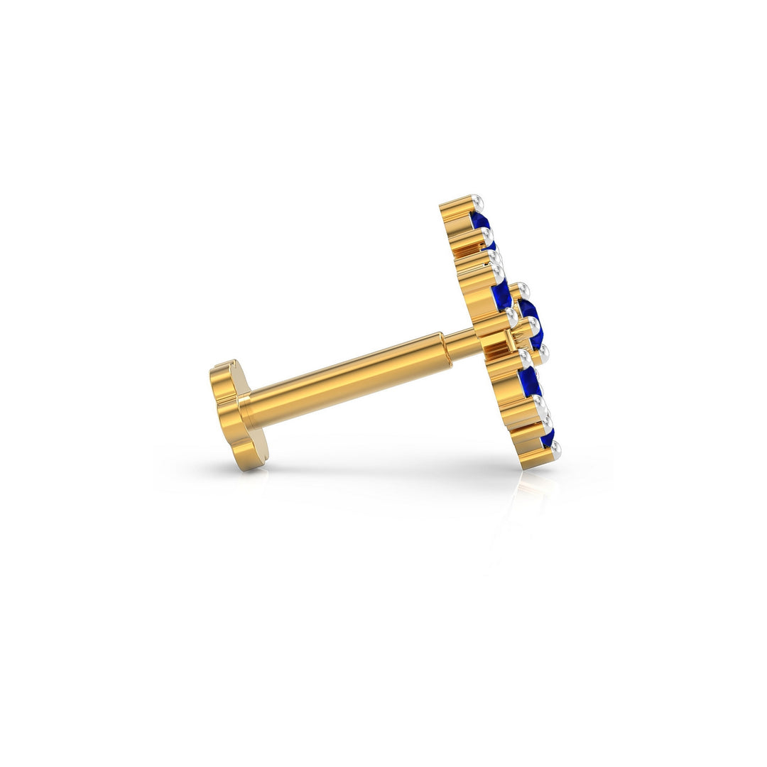 925 sterling silver gold plated Radiant Halo Nose Pin with sapphire blue stone Side View#metal_gold-plated#stone-colour_sapphire-blue