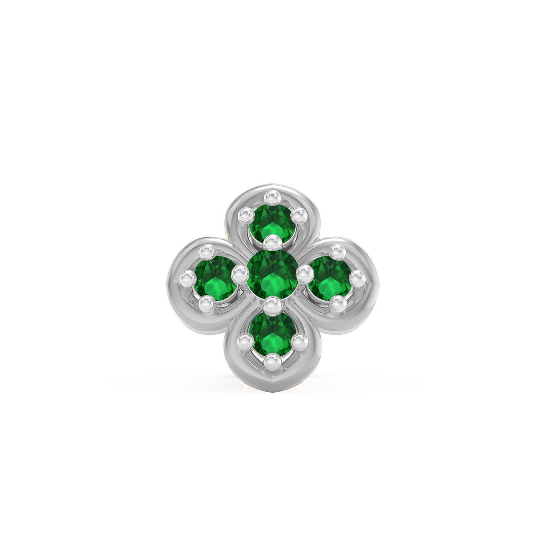 925 sterling silver Petal Nose Pin with emerald green stone Front view#metal_sterling-silver#stone-colour_emerald-green