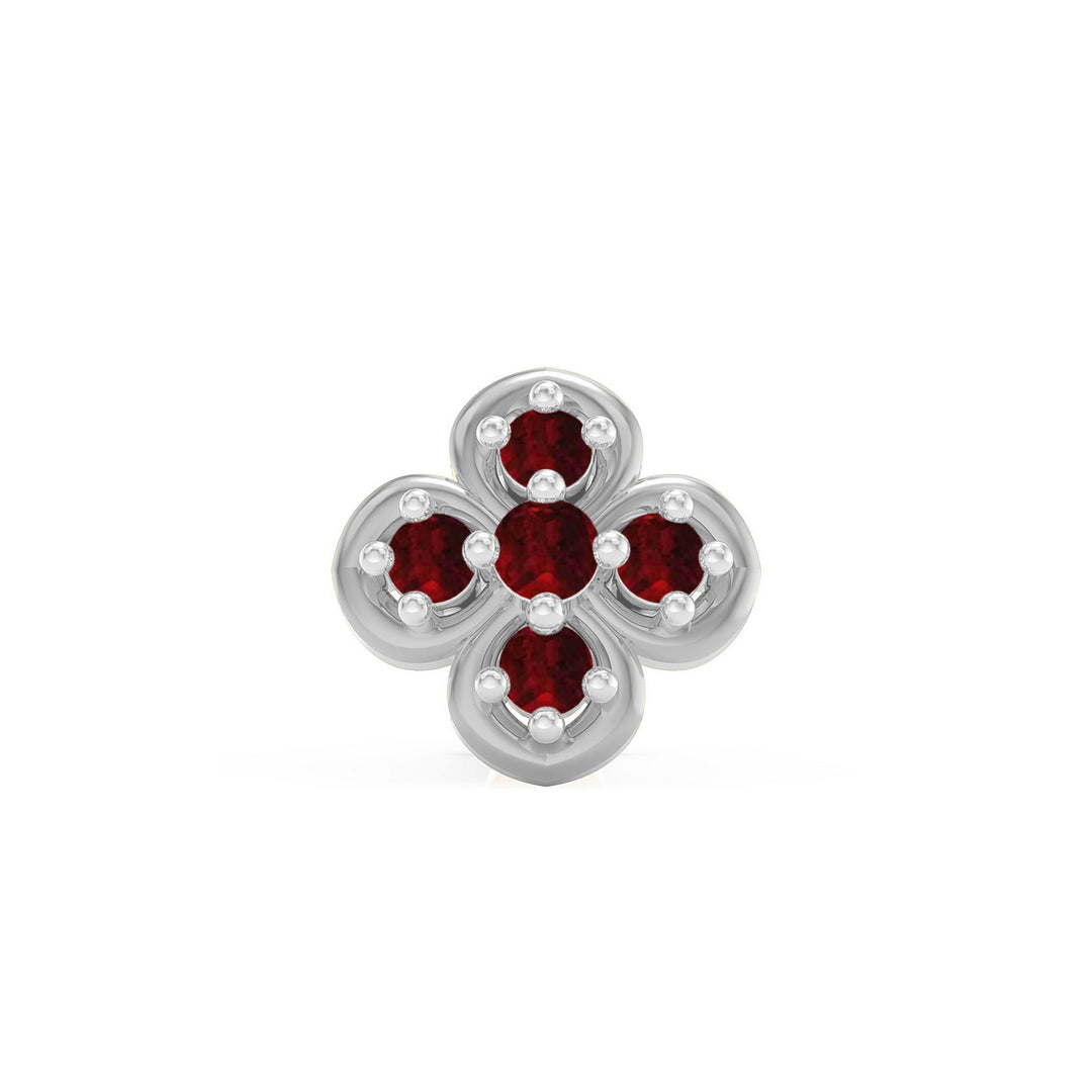 925 sterling silver Petal Nose Pin with ruby red stone Front view#metal_sterling-silver#stone-colour_ruby-red