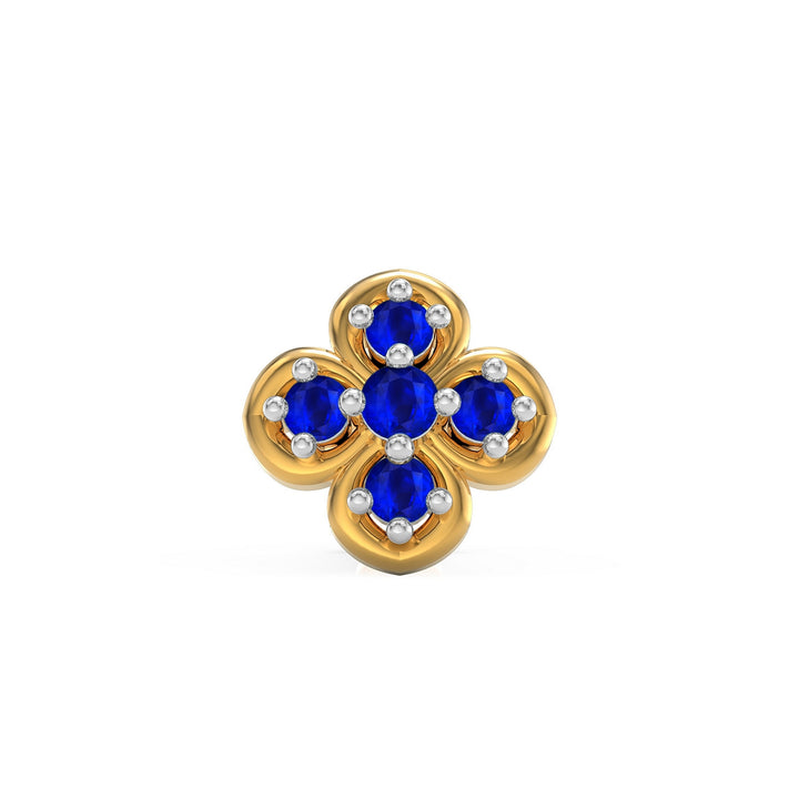 925 sterling silver gold plated Petal Nose Pin with sapphire blue stone Front view#metal_gold-plated#stone-colour_sapphire-blue