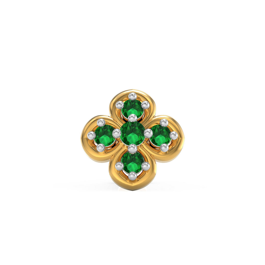 925 sterling silver gold plated Petal Nose Pin with emerald green stone Front view#metal_gold-plated#stone-colour_emerald-green