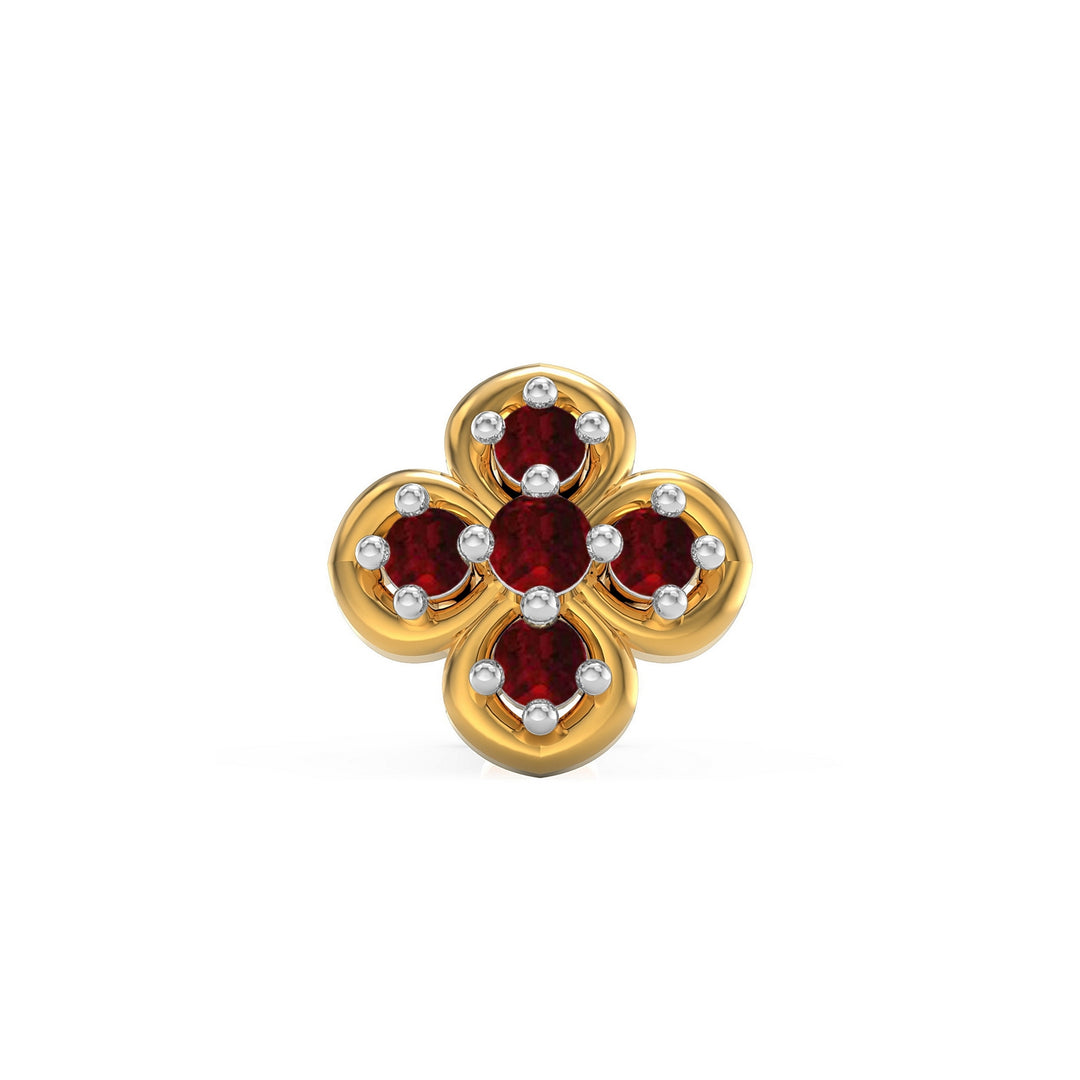 925 sterling silver gold plated Petal Nose Pin with ruby red stone Front view#metal_gold-plated#stone-colour_ruby-red