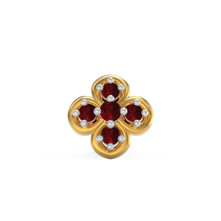 925 sterling silver gold plated Petal Nose Pin with ruby red stone Front view#metal_gold-plated#stone-colour_ruby-red