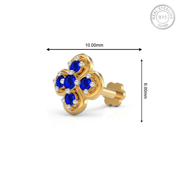 925 sterling silver gold plated Petal Nose Pin with sapphire blue stone Measurement#metal_gold-plated#stone-colour_sapphire-blue