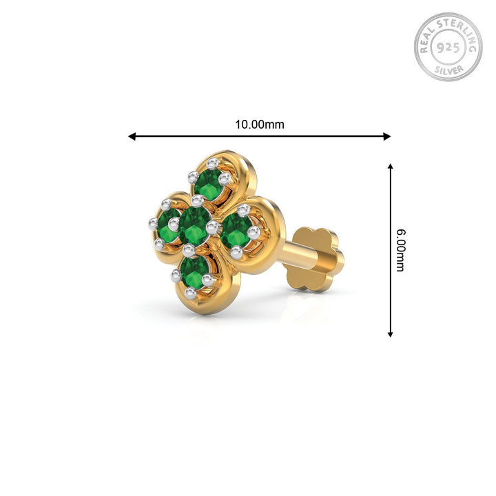 925 sterling silver gold plated Petal Nose Pin with emerald green stone Measurement#metal_gold-plated#stone-colour_emerald-green