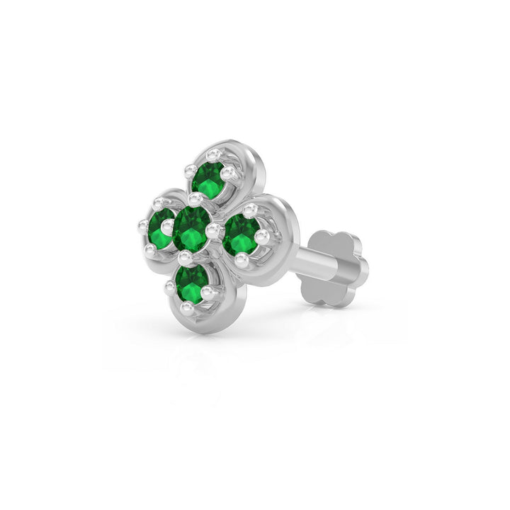 925 sterling silver Petal Nose Pin with emerald green stone Main view#metal_sterling-silver#stone-colour_emerald-green