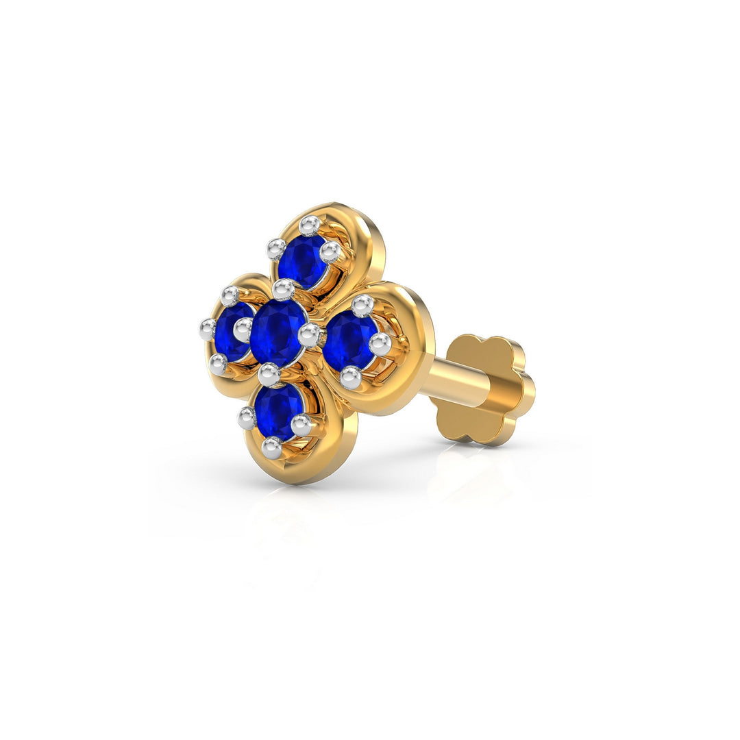 925 sterling silver gold plated Petal Nose Pin with sapphire blue stone Main view#metal_gold-plated#stone-colour_sapphire-blue