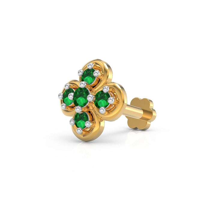 925 sterling silver gold plated Petal Nose Pin with emerald green stone Main view#metal_gold-plated#stone-colour_emerald-green