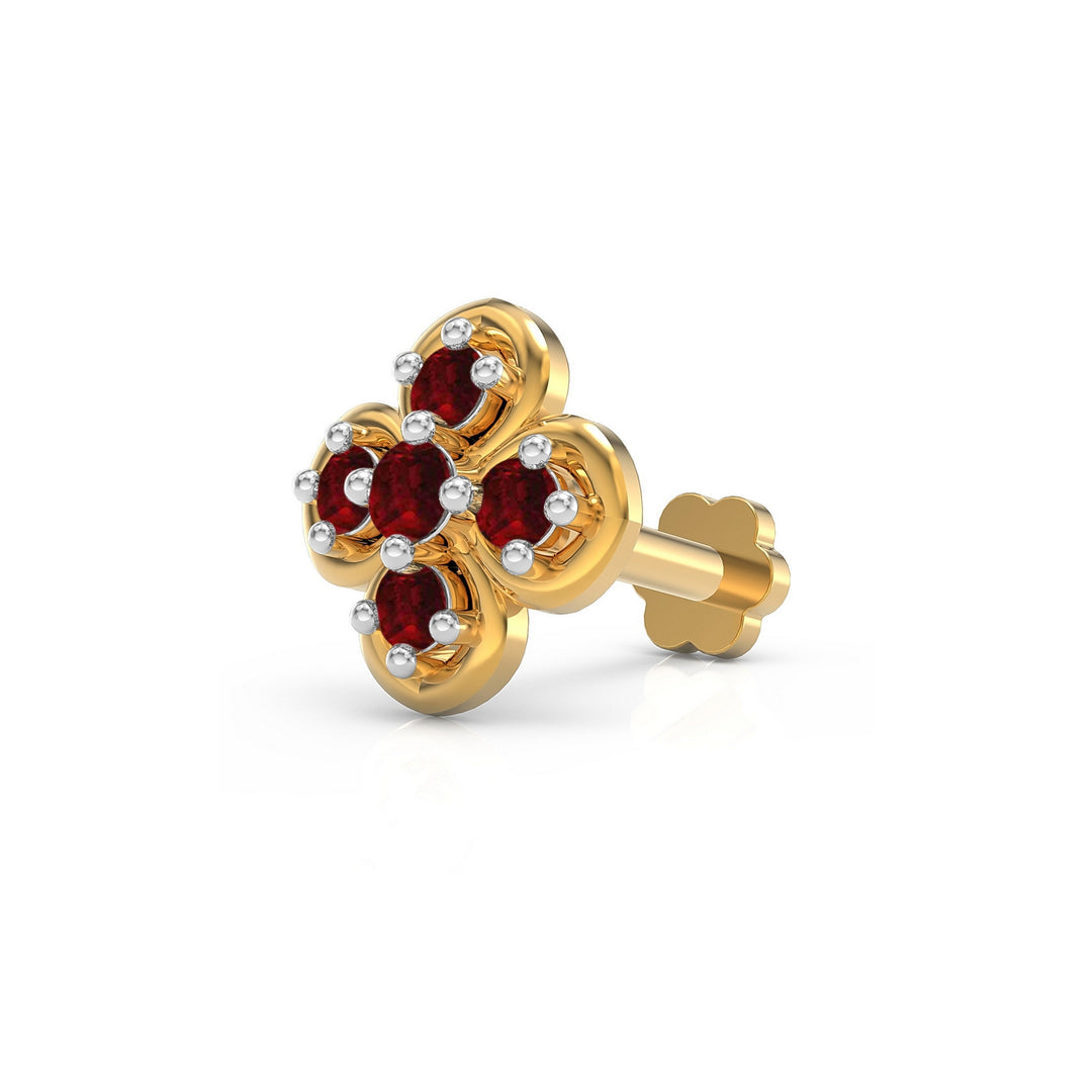 925 sterling silver gold plated Petal Nose Pin with ruby red stone Main view#metal_gold-plated#stone-colour_ruby-red