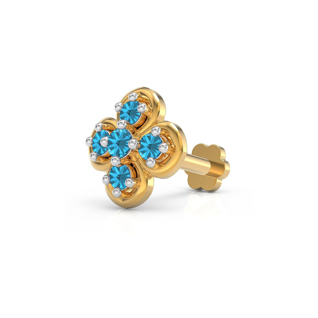 925 sterling silver gold plated Petal Nose Pin with topaz blue stone Main view#metal_gold-plated#stone-colour_topaz-blue