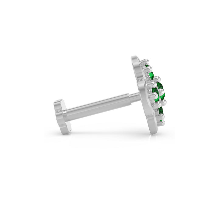 925 sterling silver Petal Nose Pin with emerald green stone Side View#metal_sterling-silver#stone-colour_emerald-green