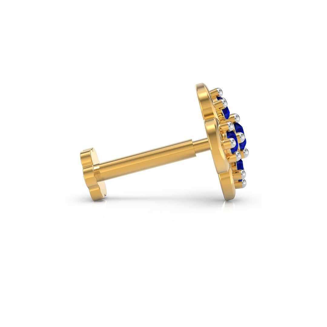 925 sterling silver gold plated Petal Nose Pin with sapphire blue stone Side View#metal_gold-plated#stone-colour_sapphire-blue