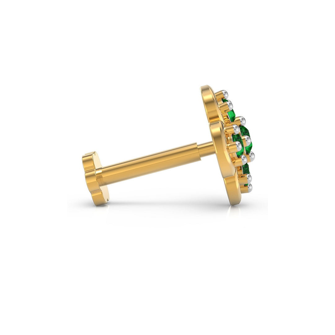 925 sterling silver gold plated Petal Nose Pin with emerald green stone Side View#metal_gold-plated#stone-colour_emerald-green