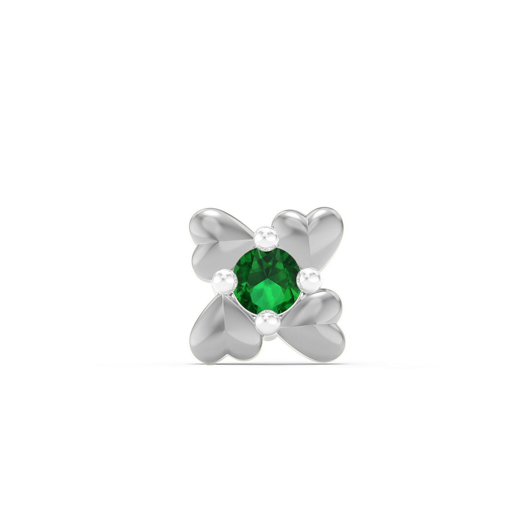 925 sterling silver Infinite Hearts Nose Pin with emerald green stone Front view#metal_sterling-silver#stone-colour_emerald-green