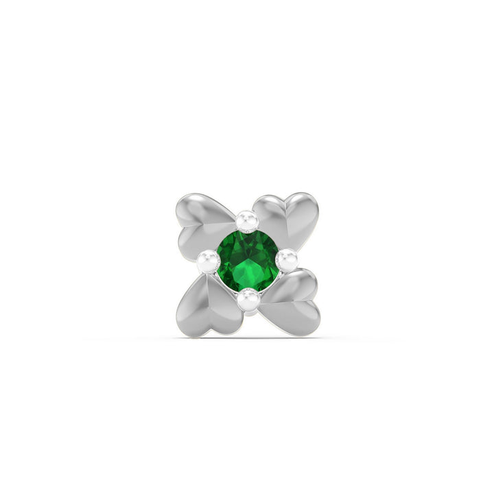 925 sterling silver Infinite Hearts Nose Pin with emerald green stone Front view#metal_sterling-silver#stone-colour_emerald-green