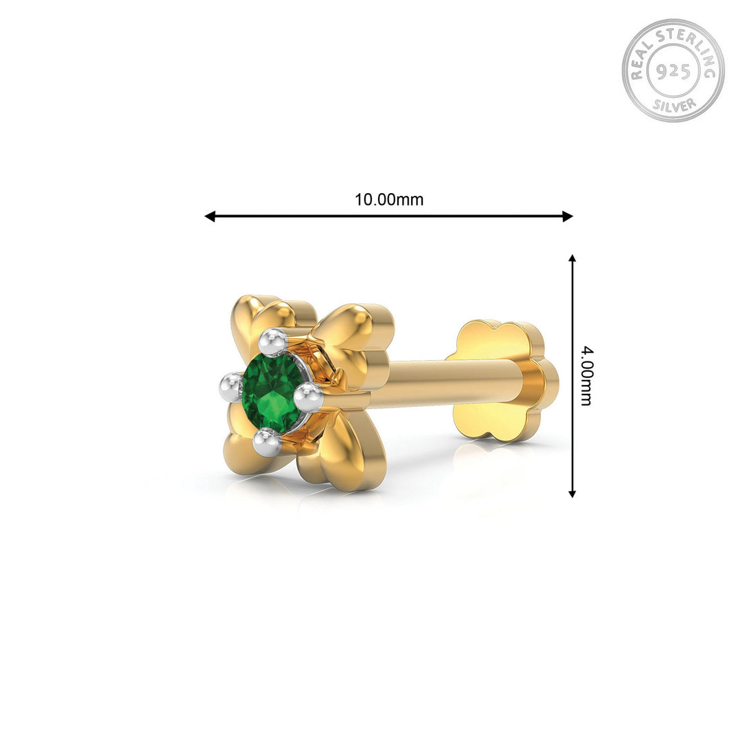 925 sterling silver gold plated Infinite Hearts Nose Pin with emerald green stone Measurement#metal_gold-plated#stone-colour_emerald-green