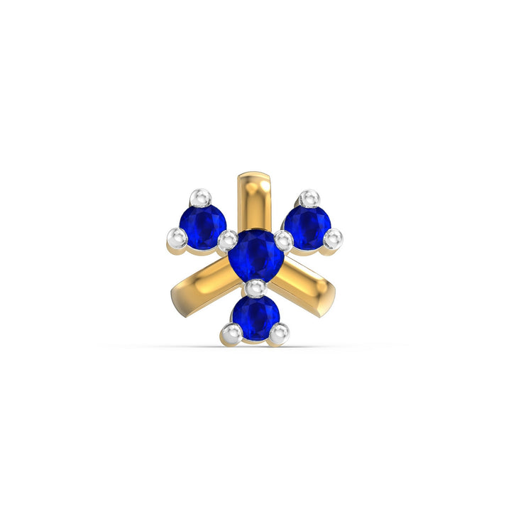 925 sterling silver gold plated Celestial Nose Pin with sapphire blue stone Front view#metal_gold-plated#stone-colour_sapphire-blue