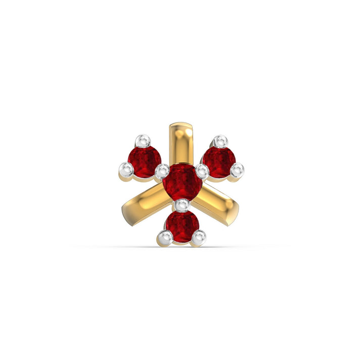 925 sterling silver gold plated Celestial Nose Pin with ruby red stone Front view#metal_gold-plated#stone-colour_ruby-red