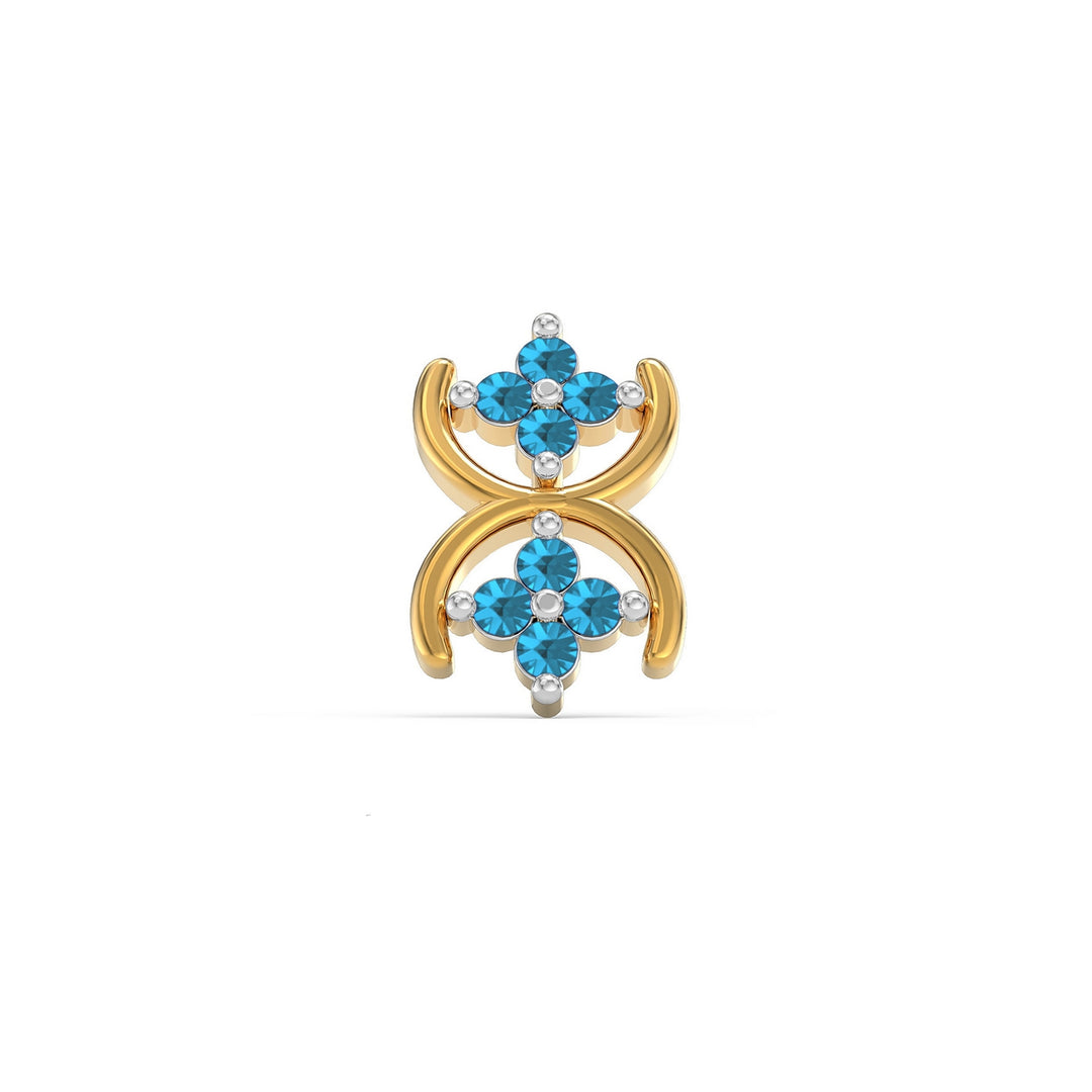 925 sterling silver gold plated Cosmic Nose Pin with topaz blue stone Front view#metal_gold-plated#stone-colour_topaz-blue