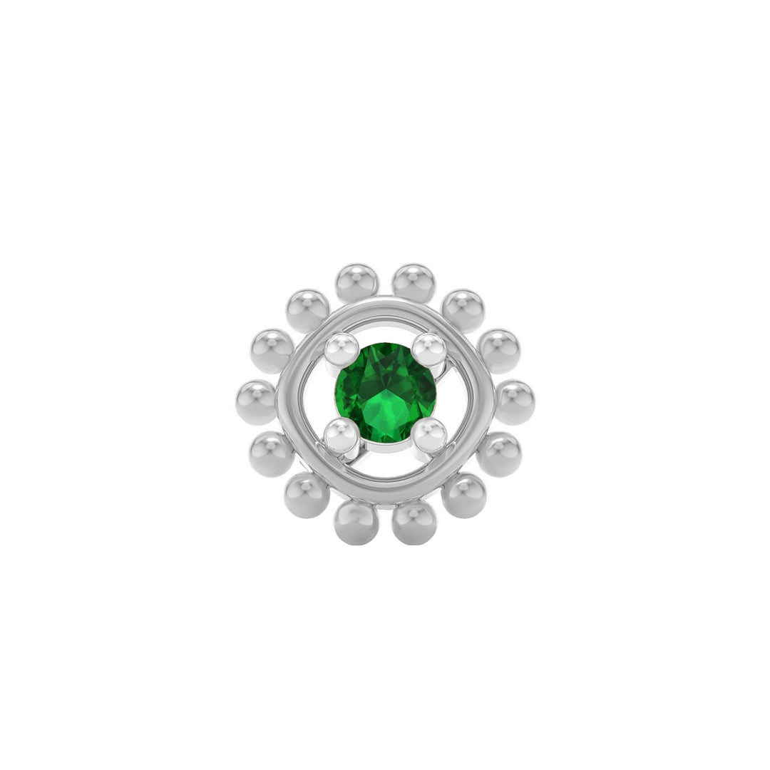 925 sterling silver Beaded Nose Pin with emerald green stone Front view#metal_sterling-silver#stone-colour_emerald-green