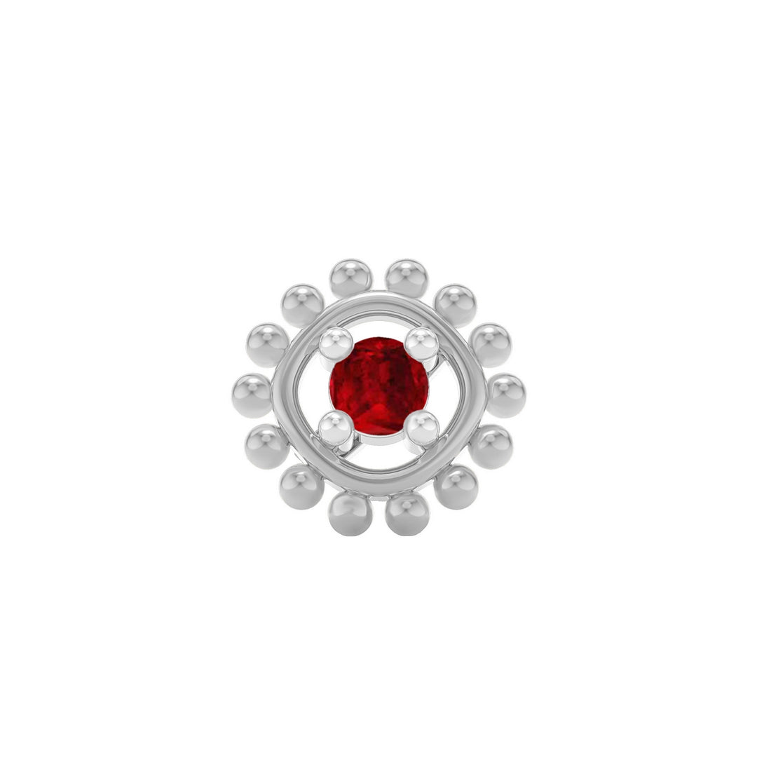 925 sterling silver Beaded Nose Pin with ruby red stone Front view#metal_sterling-silver#stone-colour_ruby-red