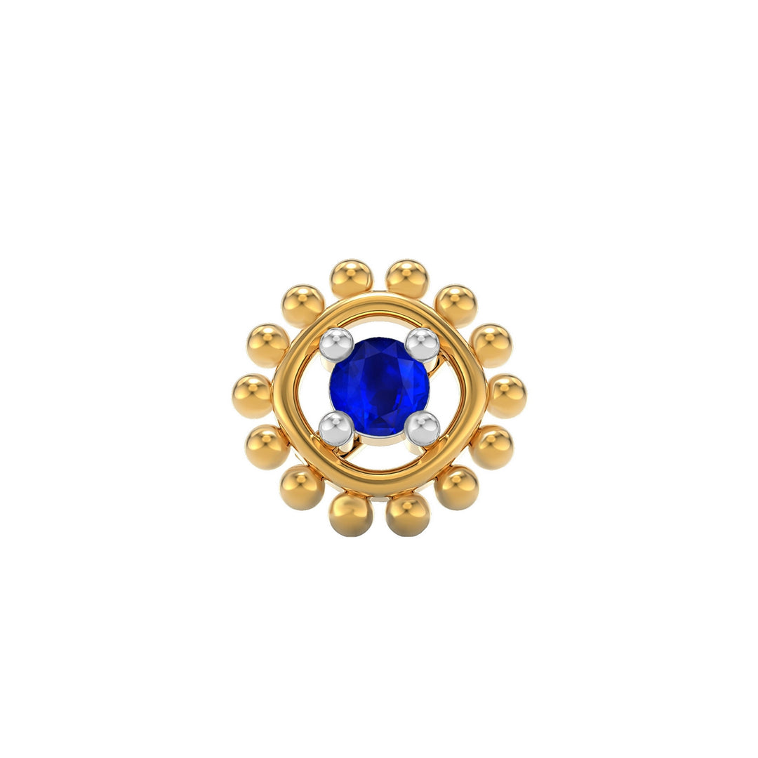 925 sterling silver gold plated Beaded Nose Pin with sapphire blue stone Front view#metal_gold-plated#stone-colour_sapphire-blue