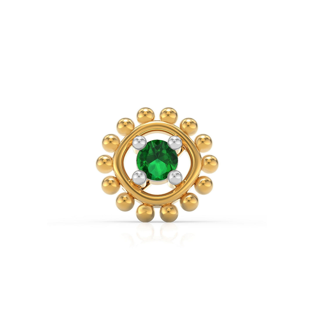 925 sterling silver gold plated Beaded Nose Pin with emerald green stone Front view#metal_gold-plated#stone-colour_emerald-green