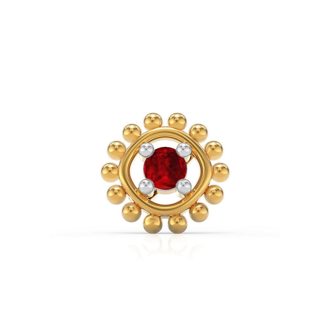 925 sterling silver gold plated Beaded Nose Pin with ruby red stone Front view#metal_gold-plated#stone-colour_ruby-red