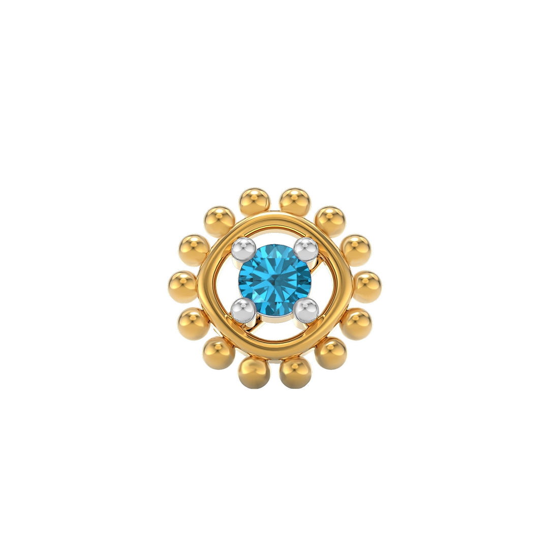 925 sterling silver gold plated Beaded Nose Pin with topaz blue stone Front view#metal_gold-plated#stone-colour_topaz-blue