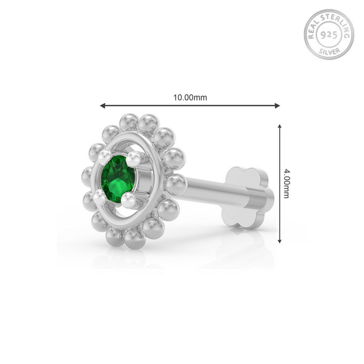 925 sterling silver Beaded Nose Pin with emerald green stone Measurement#metal_sterling-silver#stone-colour_emerald-green