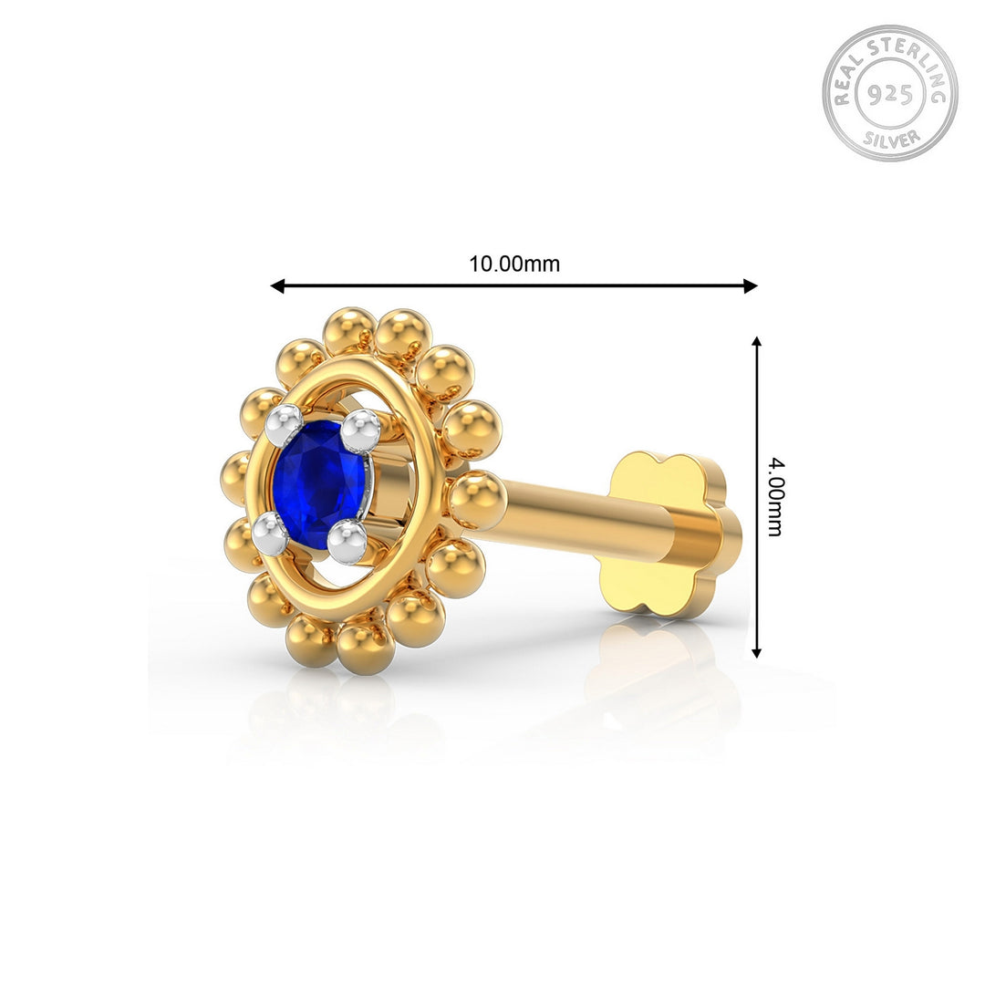 925 sterling silver gold plated Beaded Nose Pin with sapphire blue stone Measurement#metal_gold-plated#stone-colour_sapphire-blue