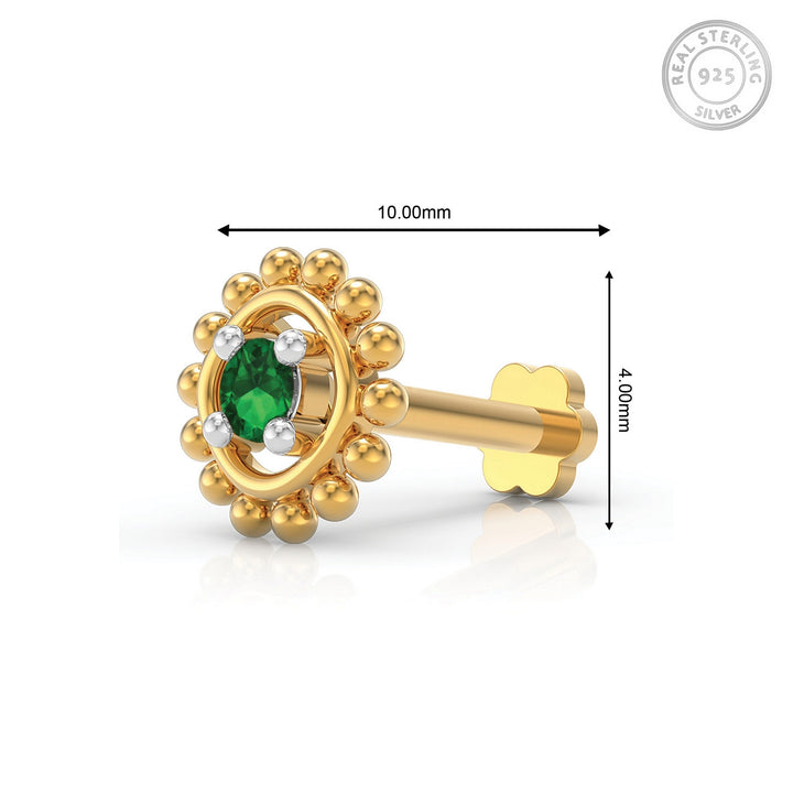 925 sterling silver gold plated Beaded Nose Pin with emerald green stone Measurement#metal_gold-plated#stone-colour_emerald-green