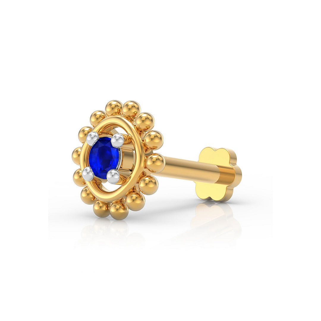 925 sterling silver gold plated Beaded Nose Pin with sapphire blue stone Main view#metal_gold-plated#stone-colour_sapphire-blue