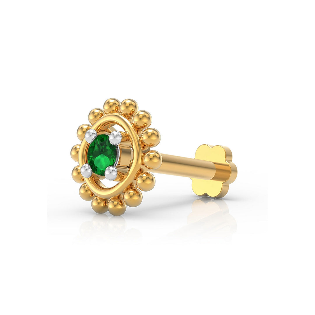 925 sterling silver gold plated Beaded Nose Pin with emerald green stone Main view#metal_gold-plated#stone-colour_emerald-green