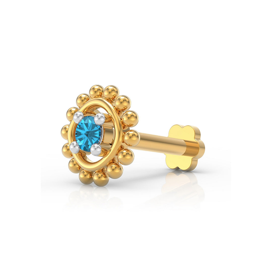 925 sterling silver gold plated Beaded Nose Pin with topaz blue stone Main view#metal_gold-plated#stone-colour_topaz-blue