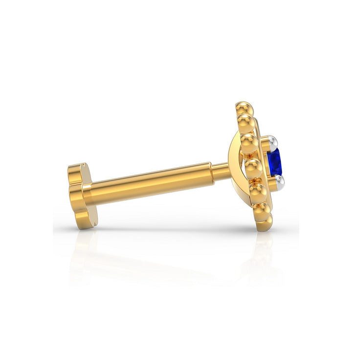 925 sterling silver gold plated Beaded Nose Pin with sapphire blue stone Side View#metal_gold-plated#stone-colour_sapphire-blue