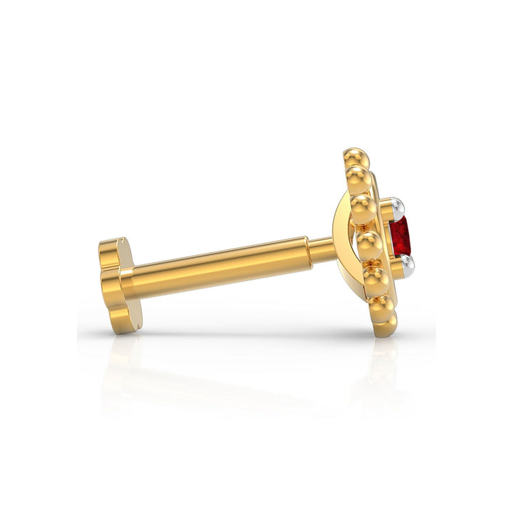 925 sterling silver gold plated Beaded Nose Pin with ruby red stone Side View#metal_gold-plated#stone-colour_ruby-red