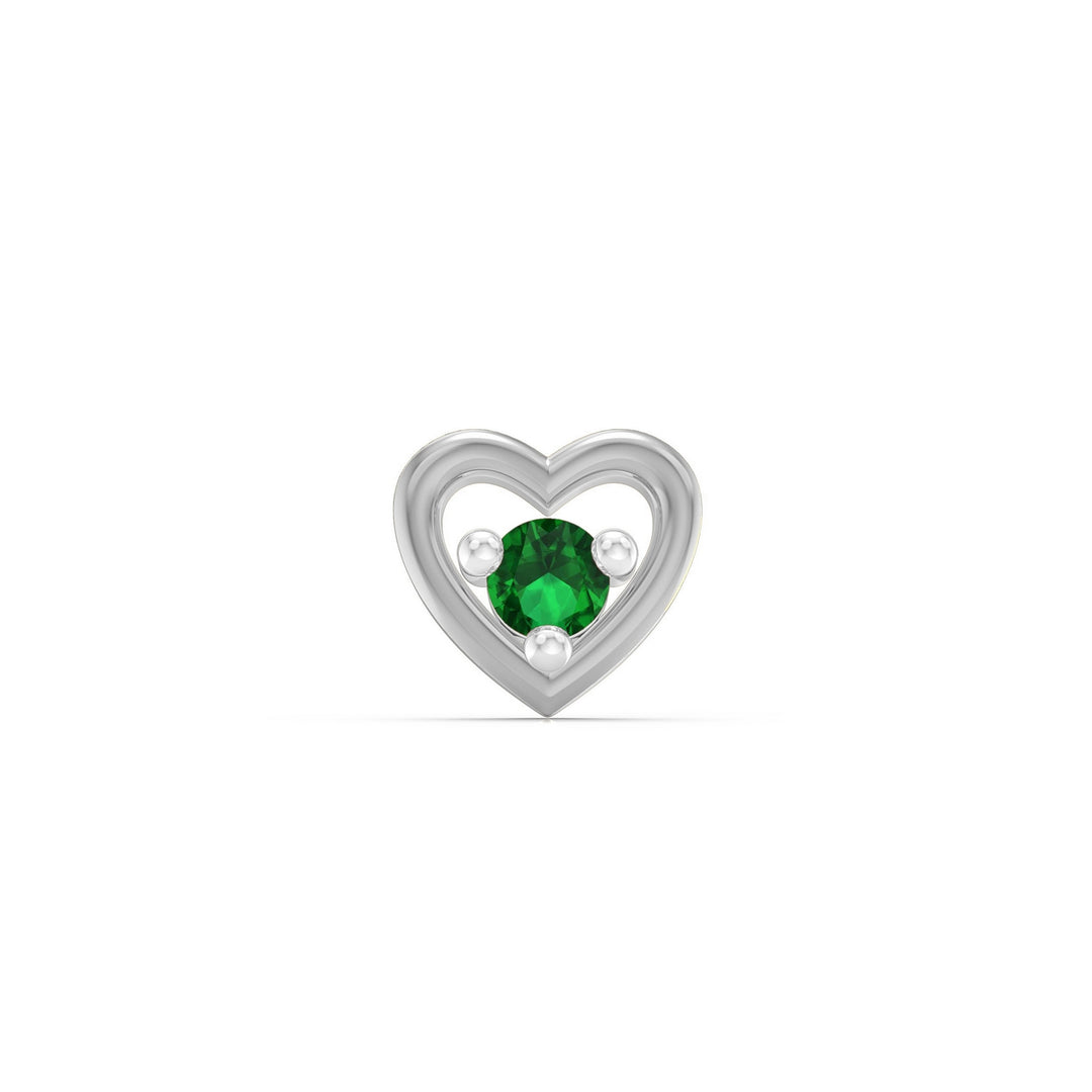 925 sterling silver Cherished Heart Nose Pin with emerald green stone Front view#metal_sterling-silver#stone-colour_emerald-green