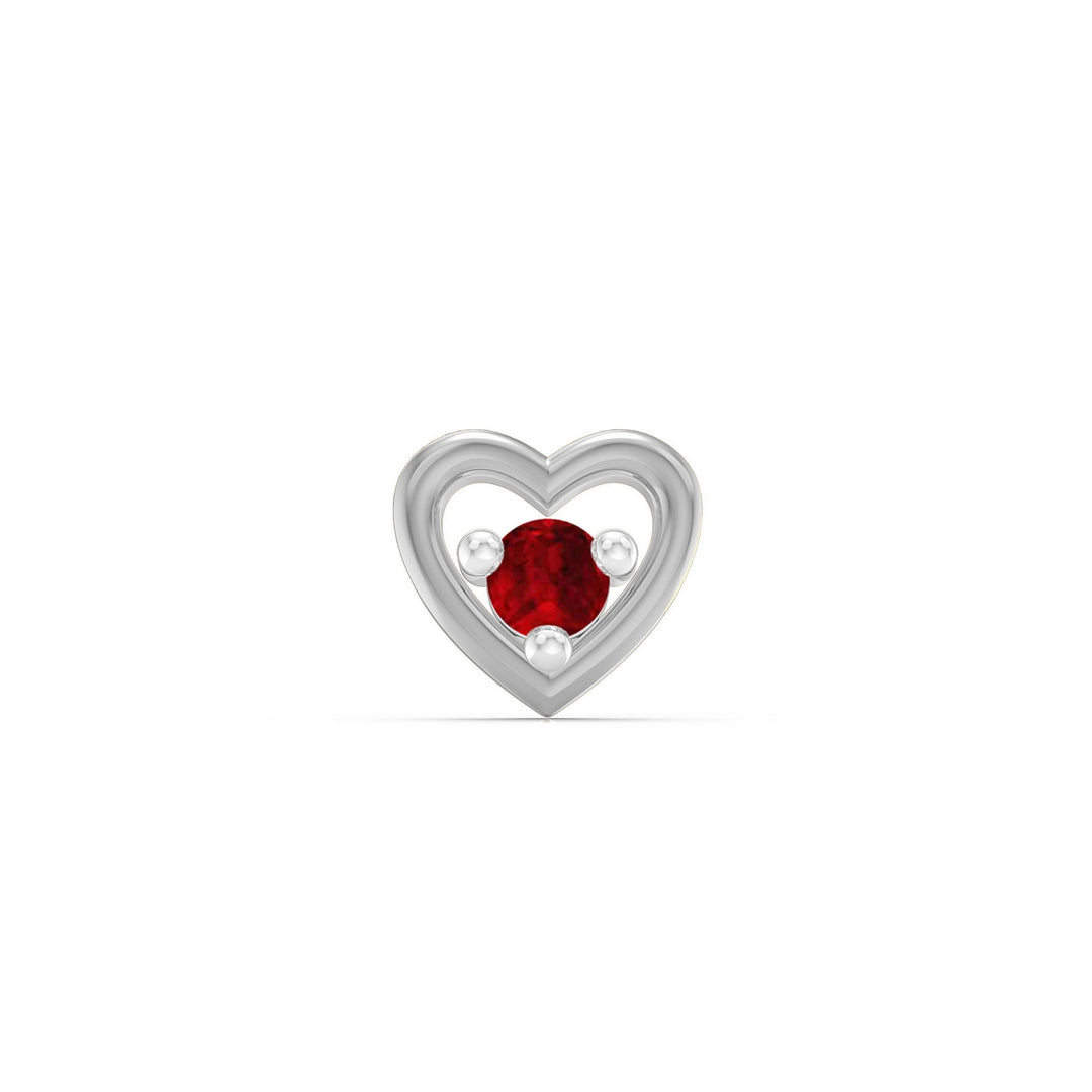 925 sterling silver Cherished Heart Nose Pin with ruby red stone Front view#metal_sterling-silver#stone-colour_ruby-red