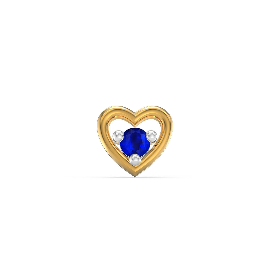 925 sterling silver gold plated Cherished Heart Nose Pin with sapphire blue stone Front view#metal_gold-plated#stone-colour_sapphire-blue