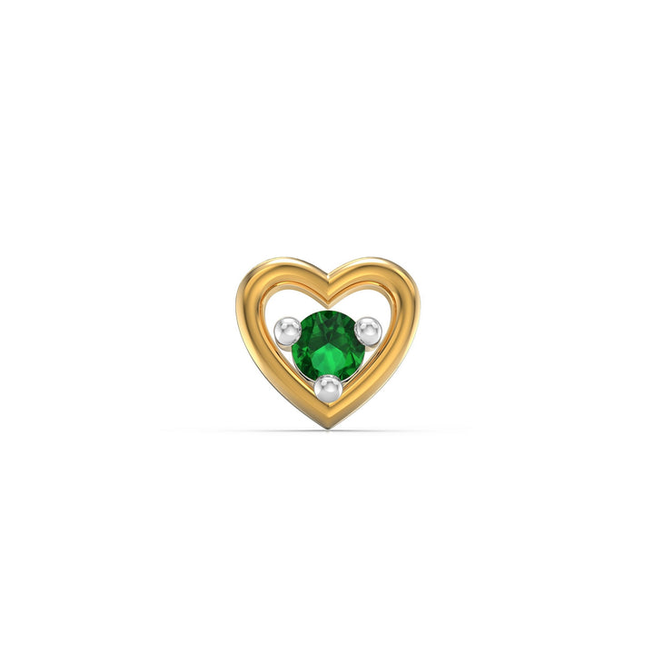 925 sterling silver gold plated Cherished Heart Nose Pin with emerald green stone Front view#metal_gold-plated#stone-colour_emerald-green