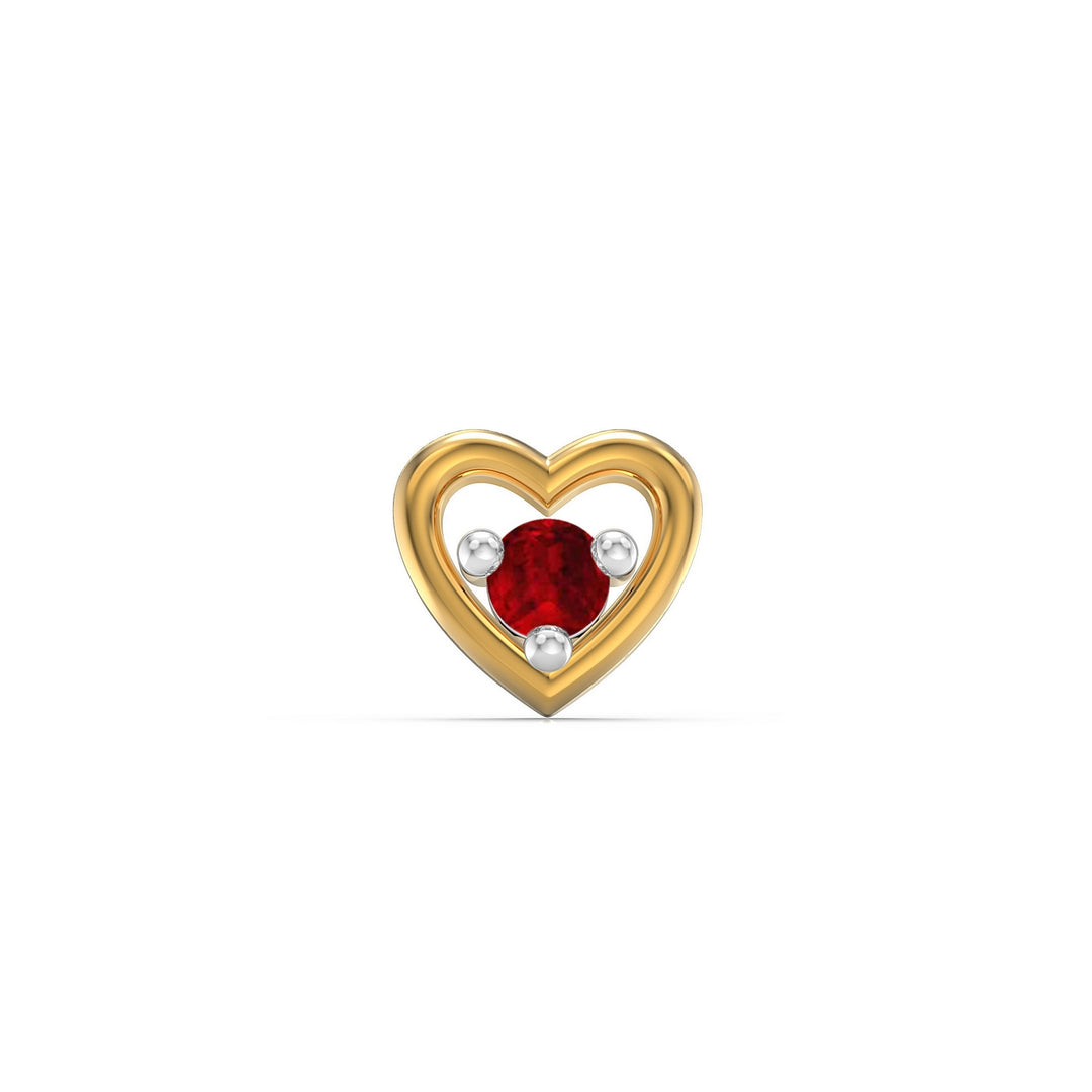 925 sterling silver gold plated Cherished Heart Nose Pin with ruby red stone Front view#metal_gold-plated#stone-colour_ruby-red