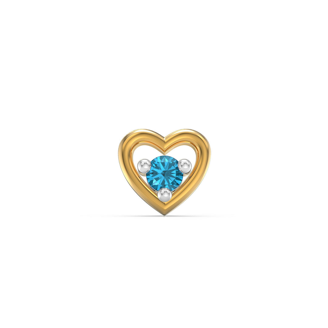 925 sterling silver gold plated Cherished Heart Nose Pin with topaz blue stone Front view#metal_gold-plated#stone-colour_topaz-blue