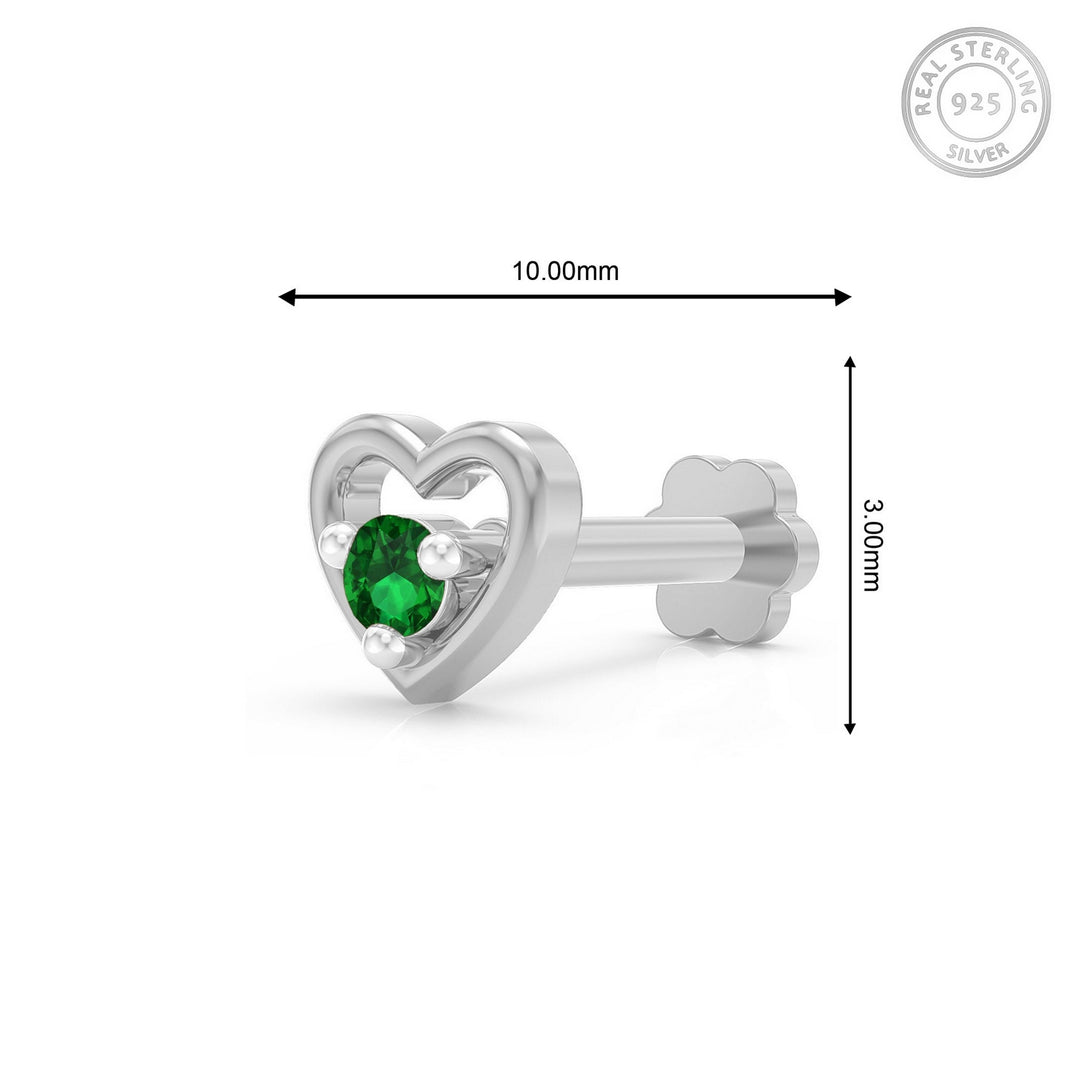 925 sterling silver Cherished Heart Nose Pin with emerald green stone Measurement#metal_sterling-silver#stone-colour_emerald-green