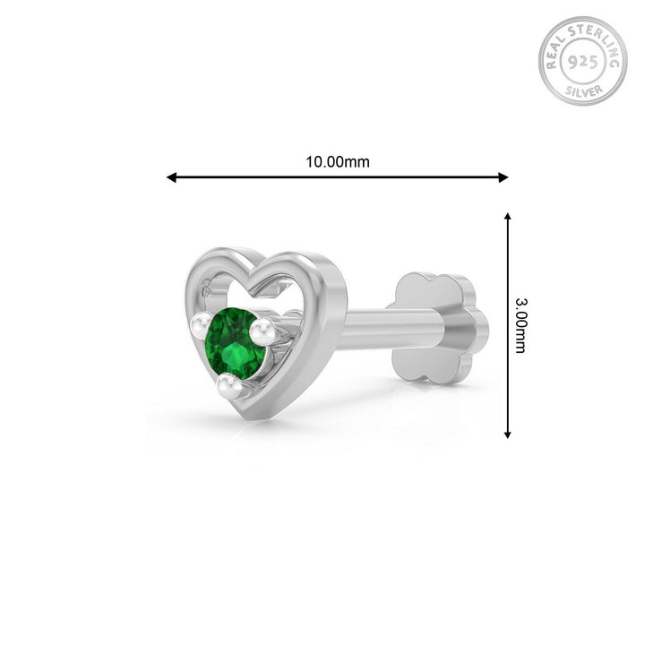 925 sterling silver Cherished Heart Nose Pin with emerald green stone Measurement#metal_sterling-silver#stone-colour_emerald-green