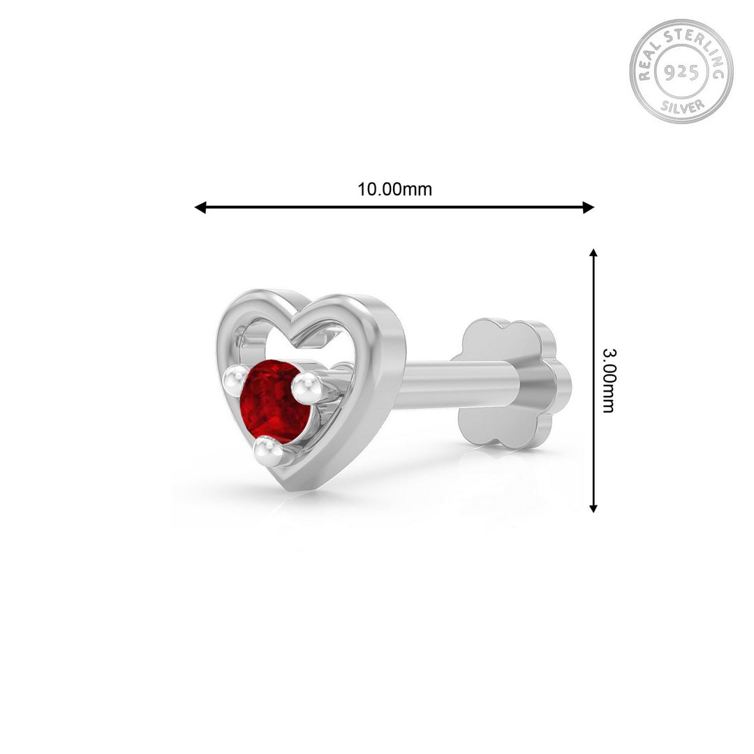 925 sterling silver Cherished Heart Nose Pin with ruby red stone Measurement#metal_sterling-silver#stone-colour_ruby-red