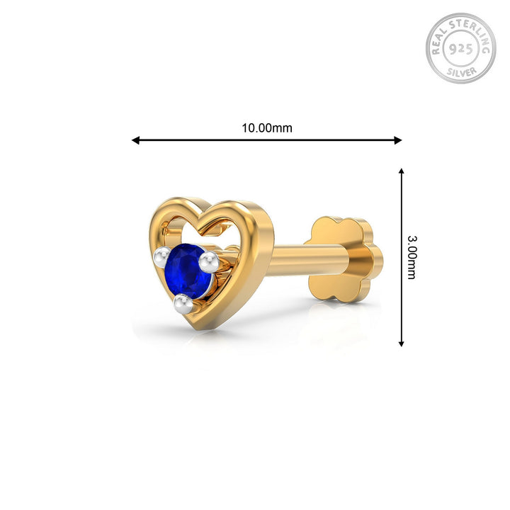 925 sterling silver gold plated Cherished Heart Nose Pin with sapphire blue stone Measurement#metal_gold-plated#stone-colour_sapphire-blue