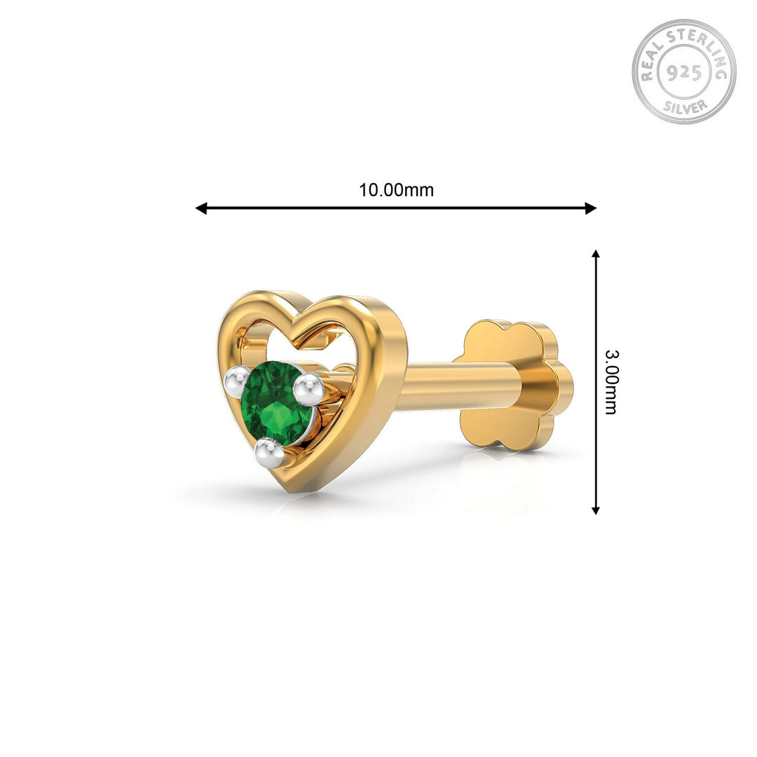 925 sterling silver gold plated Cherished Heart Nose Pin with emerald green stone Measurement#metal_gold-plated#stone-colour_emerald-green