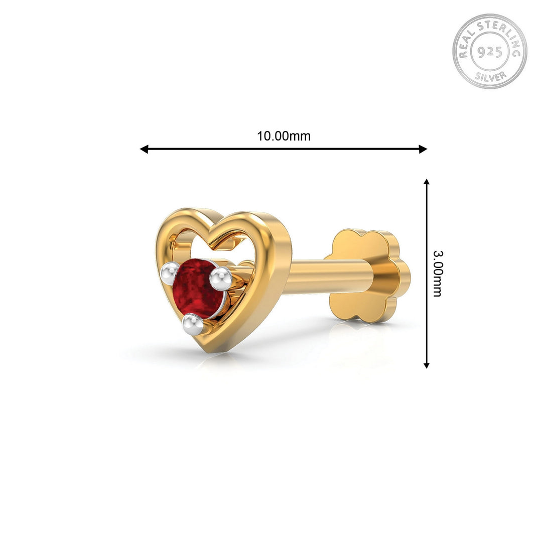 925 sterling silver gold plated Cherished Heart Nose Pin with ruby red stone Measurement#metal_gold-plated#stone-colour_ruby-red